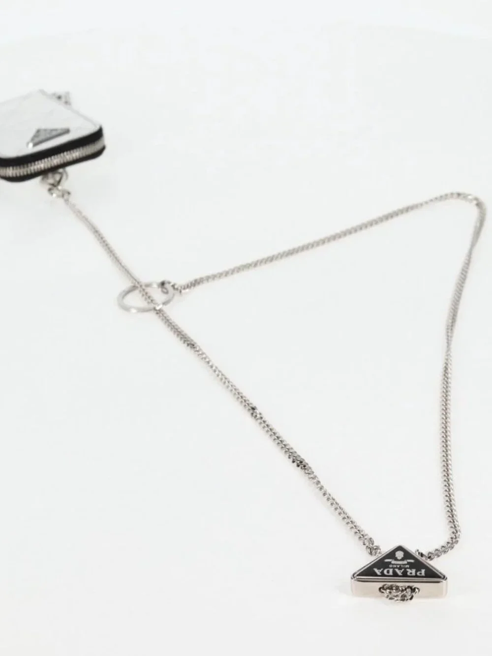 PRADA Necklace Strap Pouch Triangle Panel Silver Tone Auth 118871M